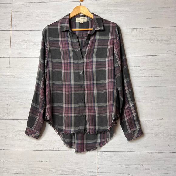 Anthropologie Cloth & Stone Top Womens Size Medium Gray & Pink Plaid Flannel - Picture 1 of 16